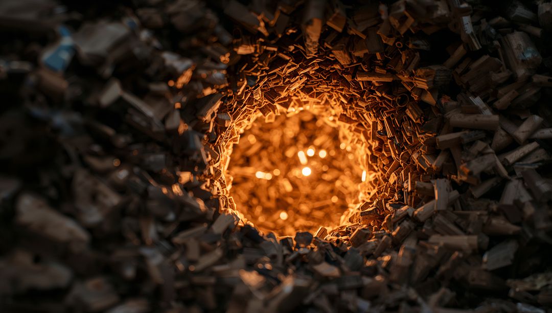 Glowing Amber Vortex in Wood Chips with Ember Core Macro Sawdust Tunnel