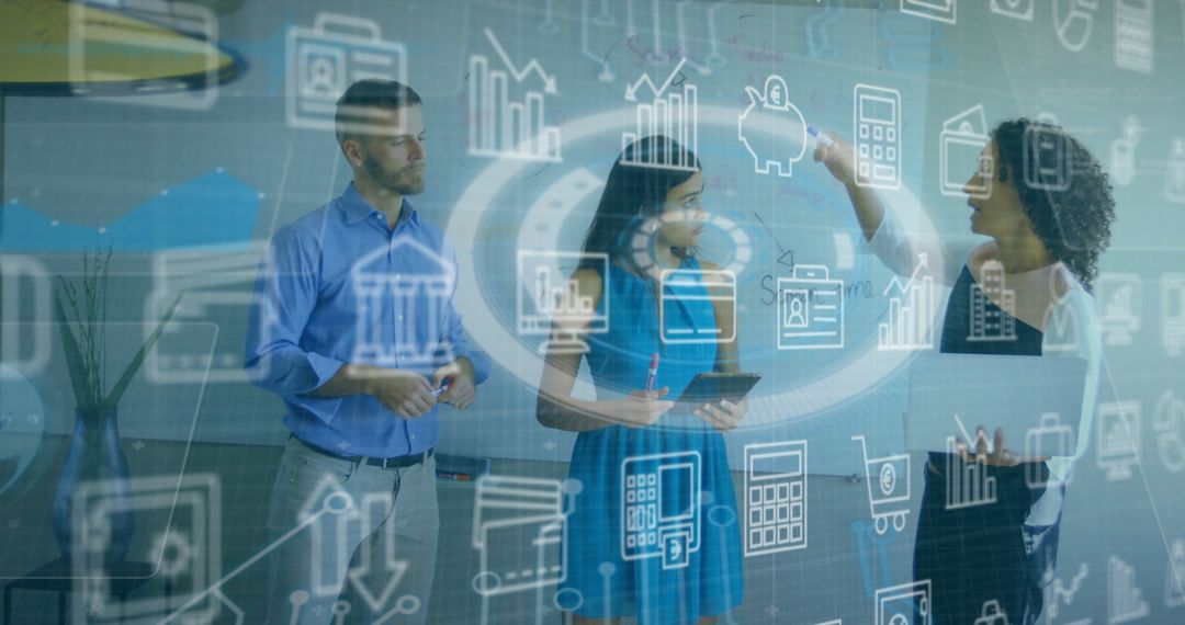 Business Team Collaborating with Digital Finance Icons in Office