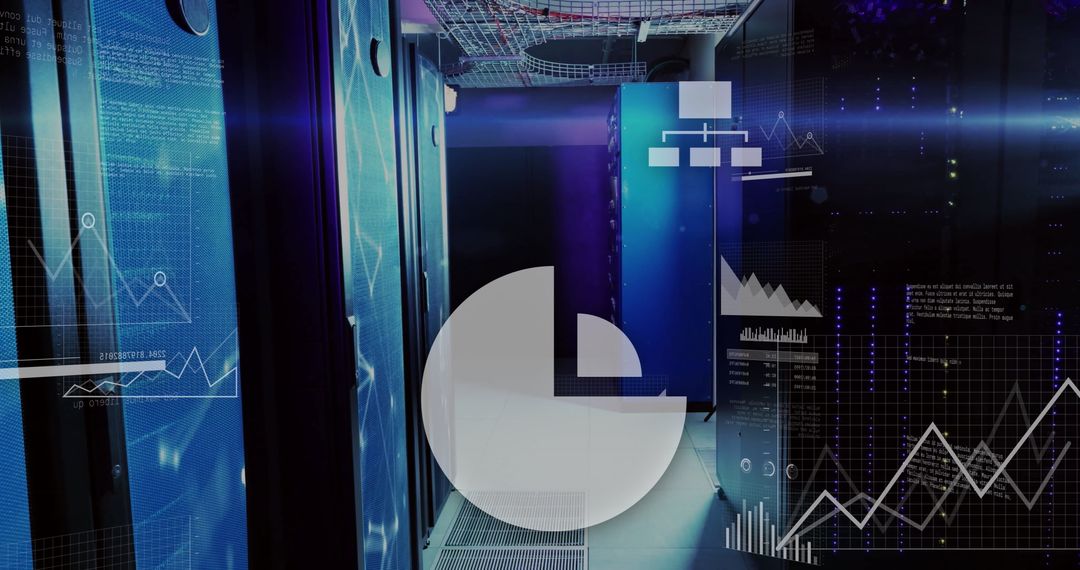 Data Processing in Modern Server Room with Digital Graphics