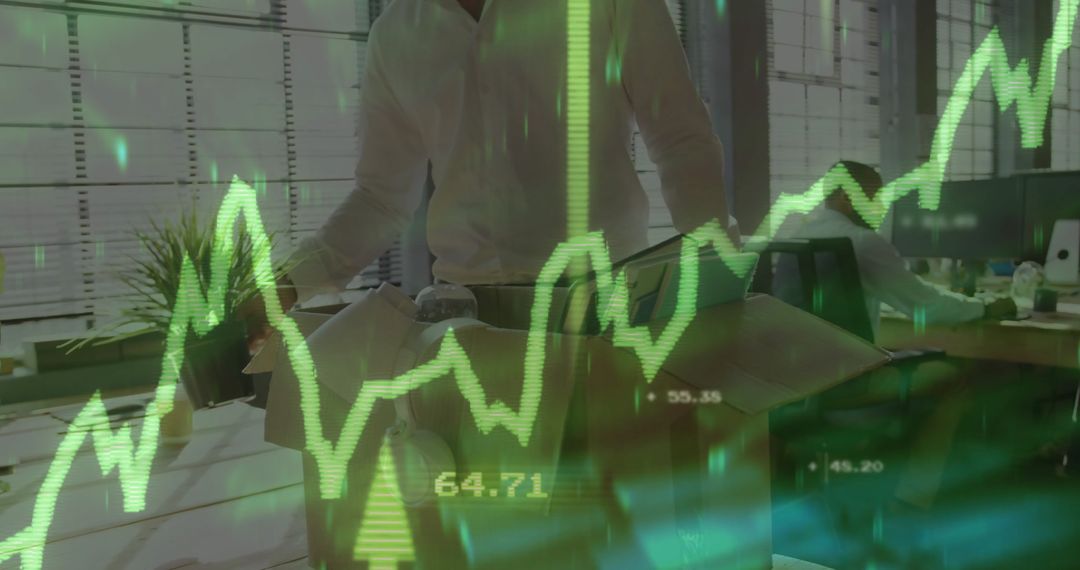 Man Collaborating on Architectural Model with Financial Chart Overlay