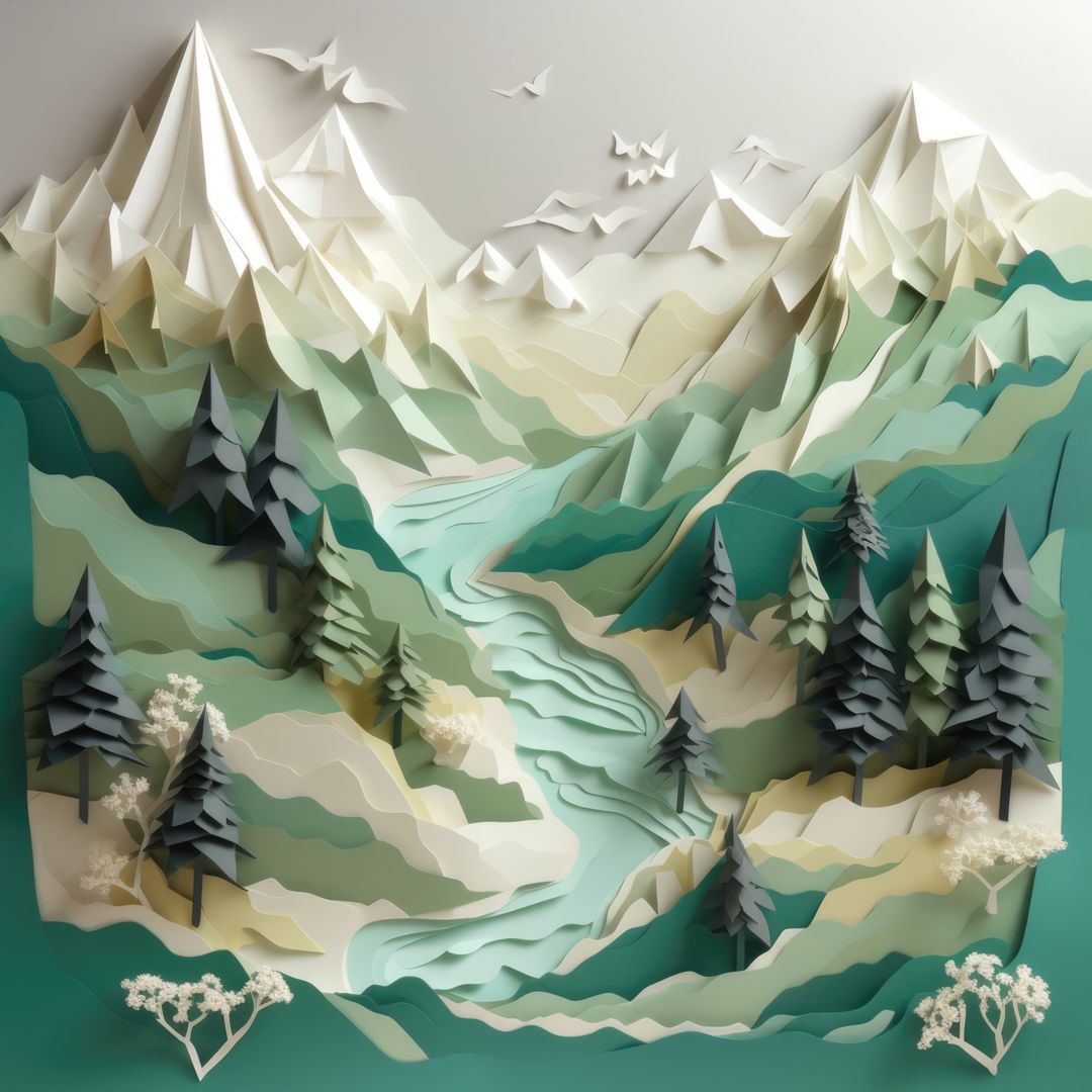 Origami landscape with trees, birds and mountains, created using generative ai technology - Free Images, Stock Photos and Pictures on Pikwizard.com