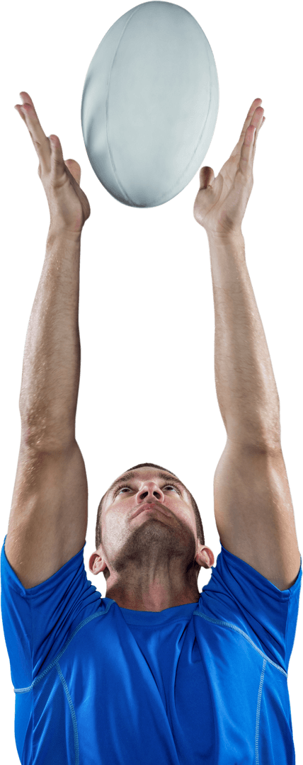 Rugby Player Enthusiastically Catching Ball on Transparent Background