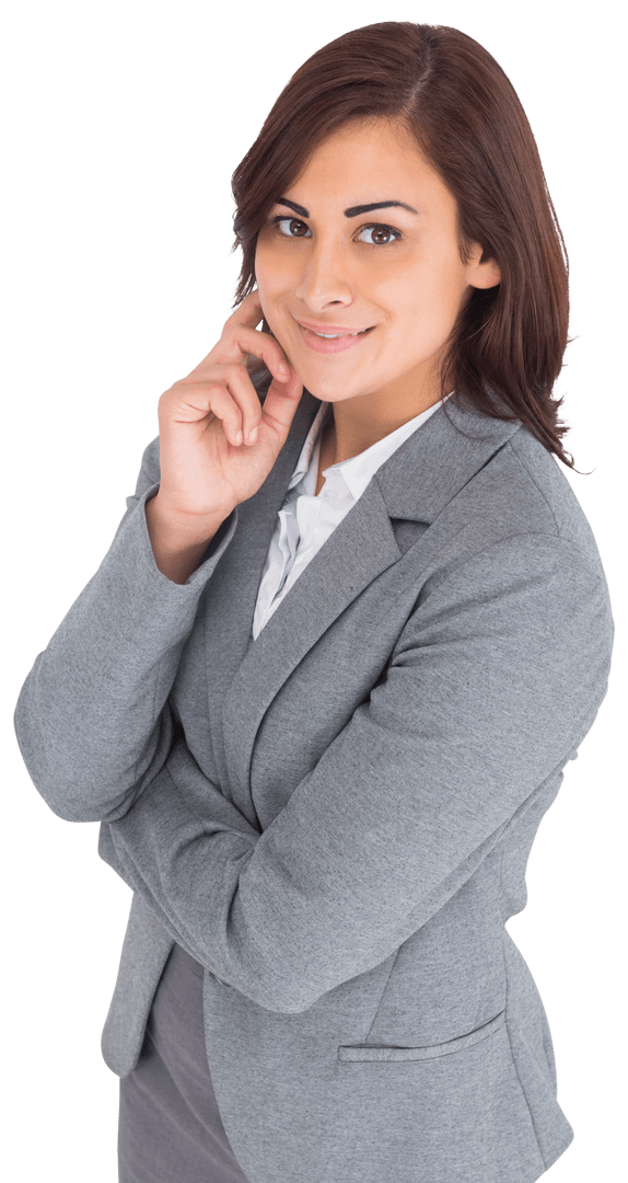 Confident Biracial Businesswoman in Gray Suit on Transparent Background