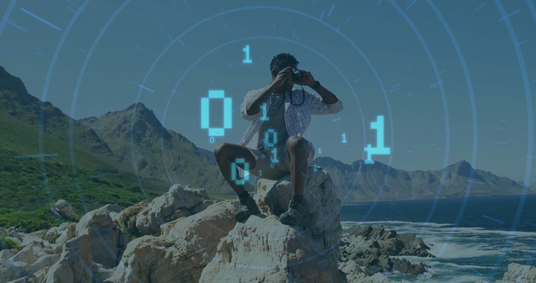 Tech Vision Overlooks Natural Coastline with Digital Overlay