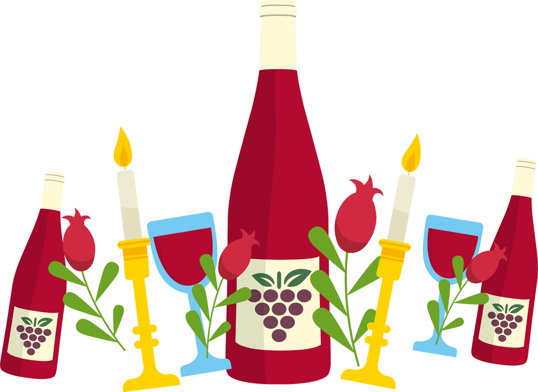 Flat Design Red Wine Bottles and Candles on Transparent Background