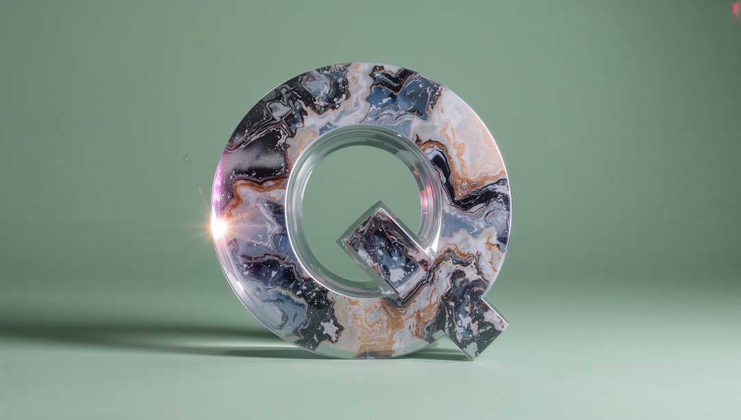 Elegant Marbled 3D Letter Q on Green Background with Light Reflection