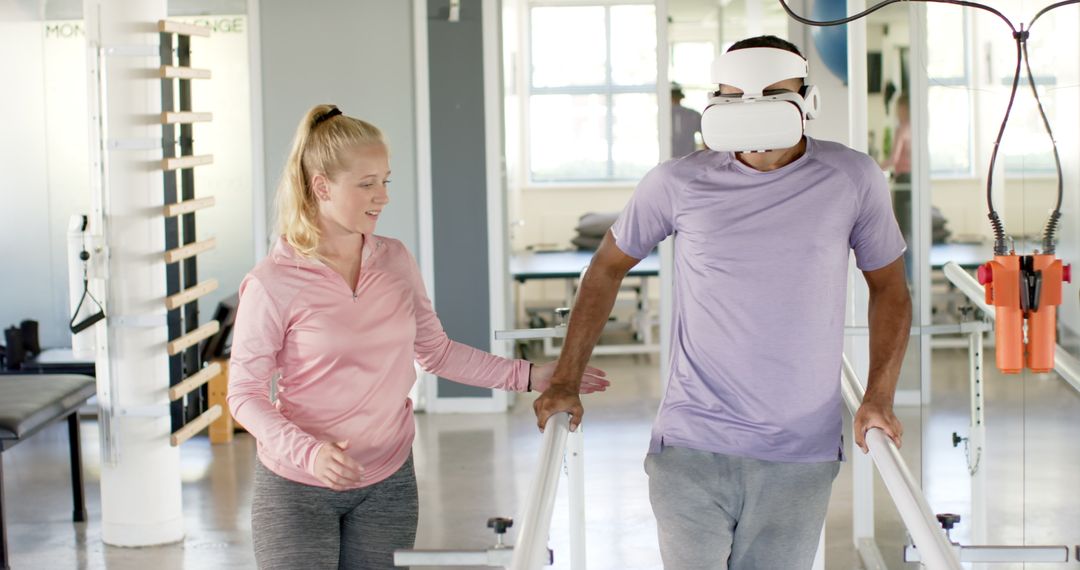Man with Prosthetic Leg in Physiotherapy Using VR for Rehabilitation