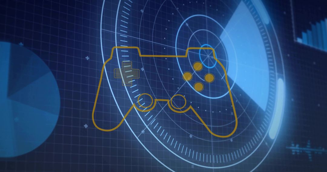 Futuristic Gaming Controller HUD Overlay with Analytics Radar and Blueprint Interface