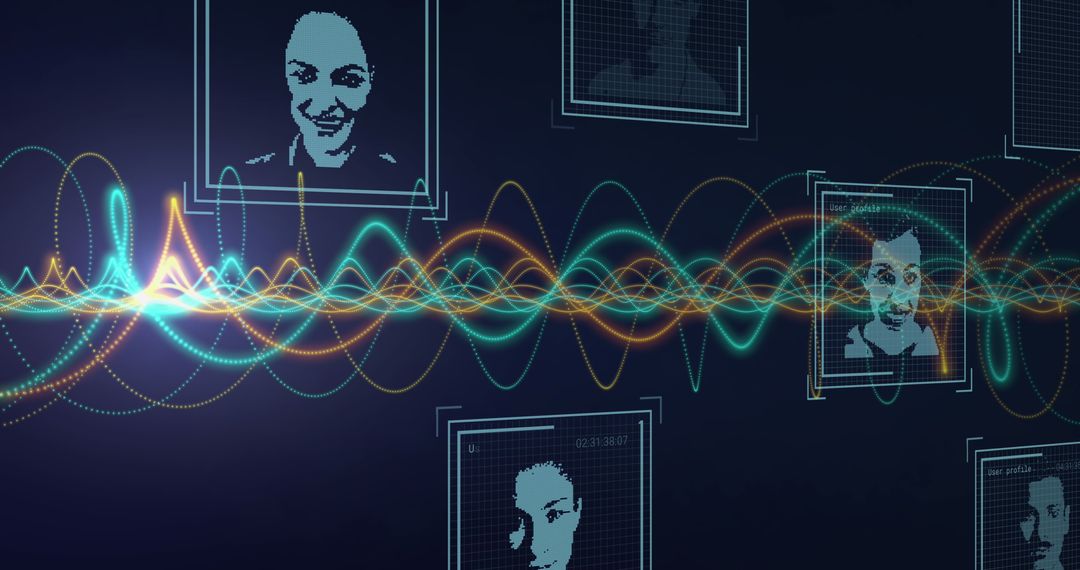 Digital Faces with Data Waves and Lights on Navy Background