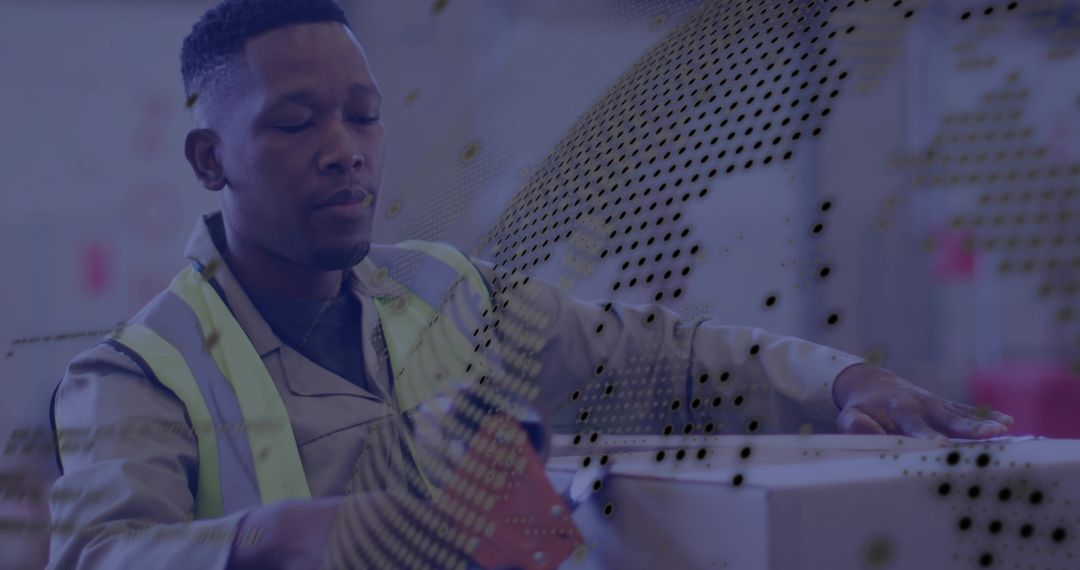 Warehouse Worker Packing Box on Conveyor Wearing High-Visibility Vest with Tech Overlay