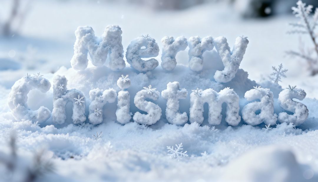 Snow-sculpted Merry Christmas letters resting on snowy mound with falling snowflakes