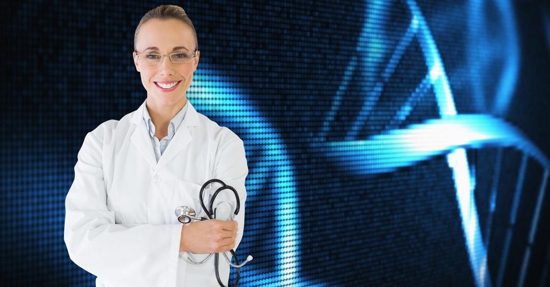Female Doctor with Stethoscope in Front of DNA Helix - Free Images, Stock Photos and Pictures on Pikwizard.com