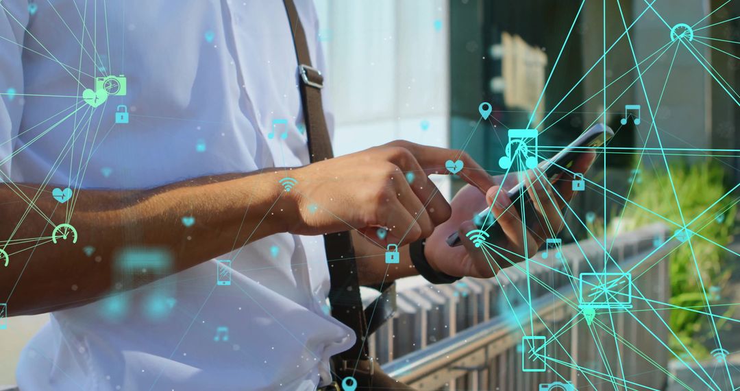 Man Using Smartphone with Digital Network Connections Overlay