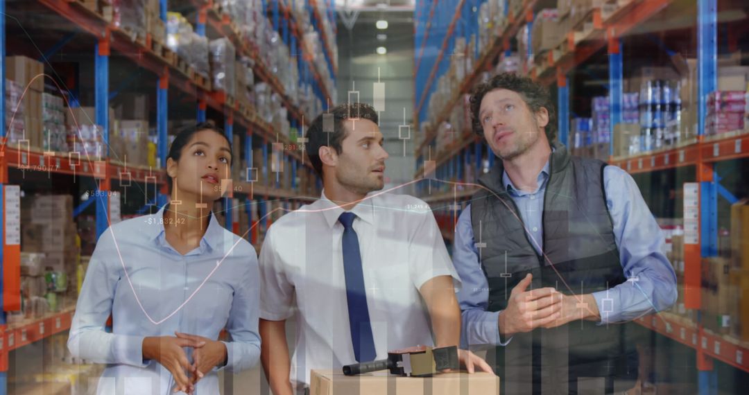 Diverse Team Analyzing Digital Data in Warehouse Environment