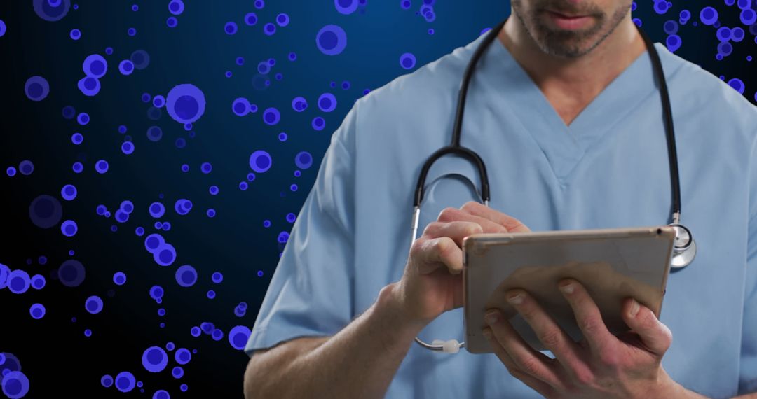 Medical Professional Using Tablet with Digital Cells Background