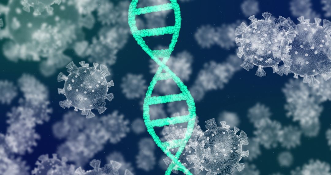 DNA Strand with Floating Virus Models on Blue Background