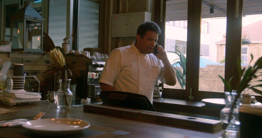 Chef in Restaurant Kitchen Talking on the Phone - Free Images, Stock Photos and Pictures on Pikwizard.com