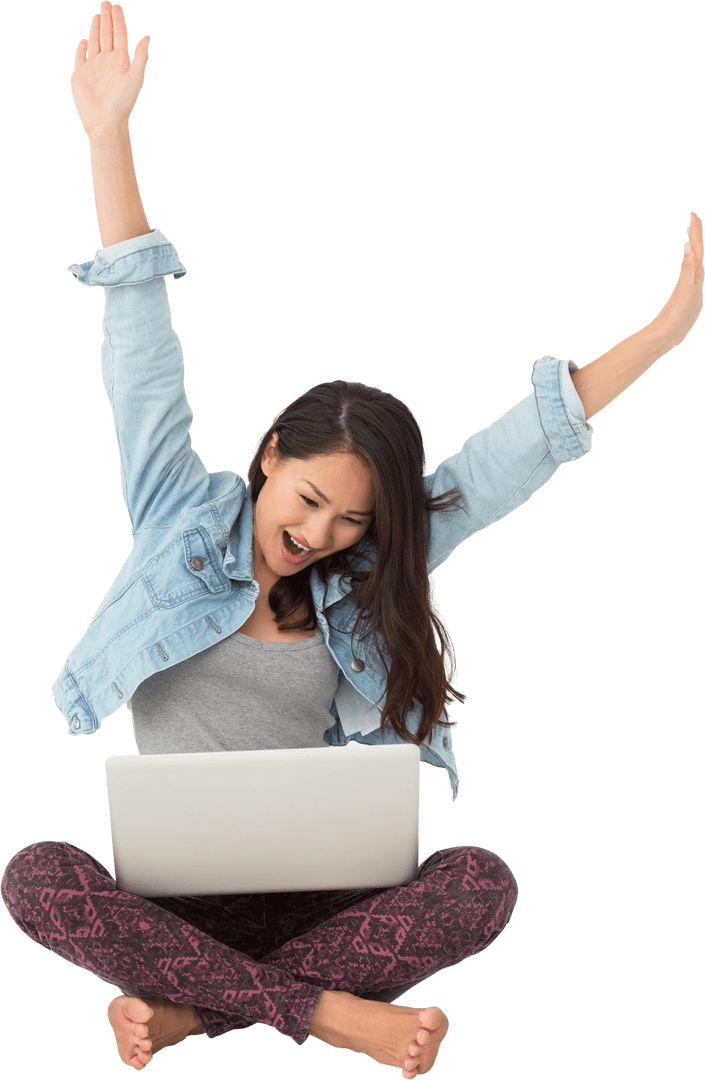 Excited Asian Woman Celebrating Success with Laptop on Transparent Background