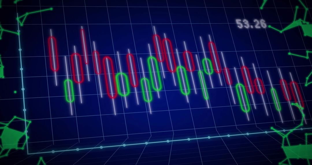 Neon Candlestick Chart Showing Market Volatility on Futuristic Blue Grid Dashboard