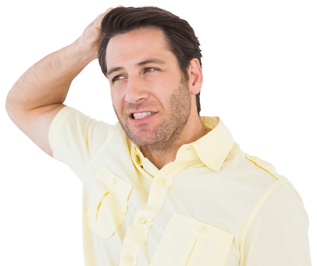Contemplative Man Scratching Head on Transparent Background