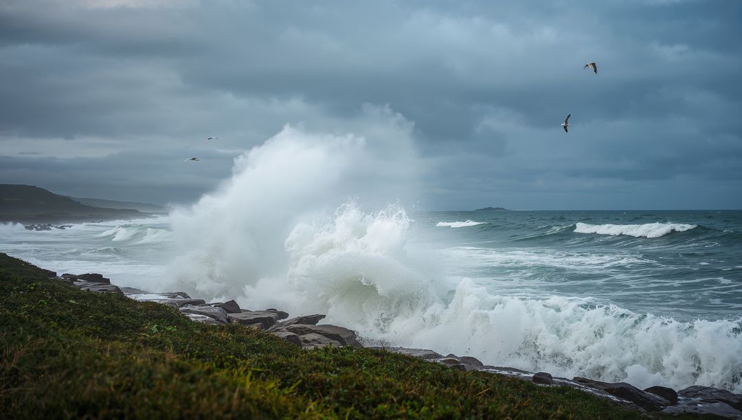 Waves Crashing on Rocky Shoreline with Overhead Seagulls
