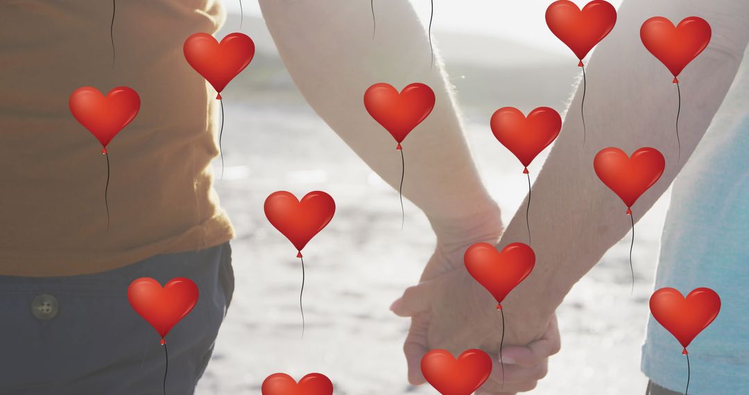 Romantic Couple Holding Hands on Sunny Beach with Heart Balloon Icons