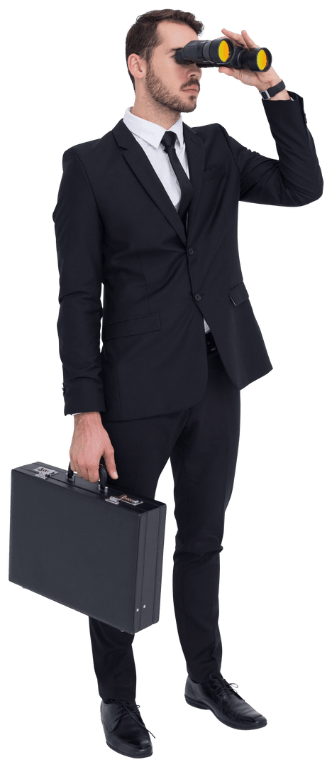 Transparent Businessman Suit Holding Briefcase Looking Through Binoculars