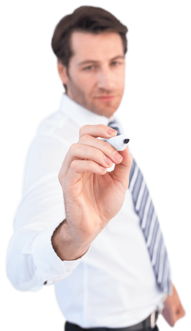 Transparent Businessman Writing with Marker Pen Forward Focus