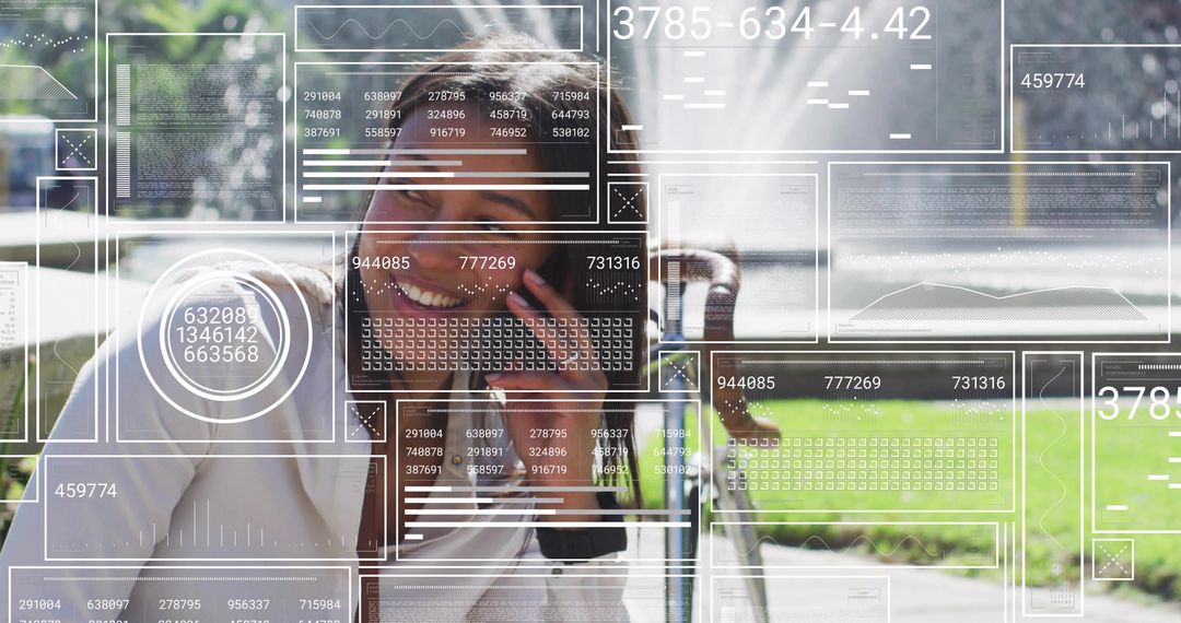 Smiling Woman Using Smartphone by Bicycle with Futuristic Interface