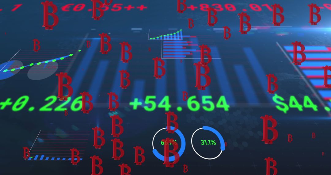 Bitcoin Symbols Floating Over Digital Financial Data