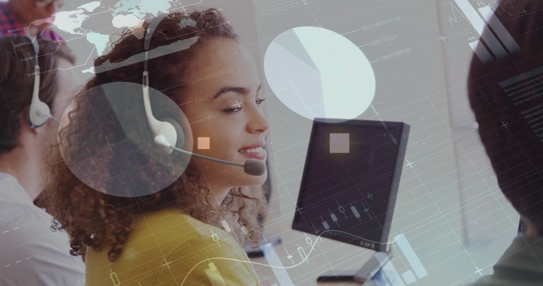Smiling Call Center Worker with Financial Charts Overlay
