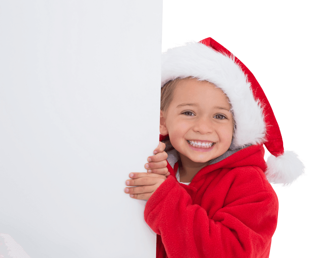 Cheerful Child in Santa Hat Holding Transparent Blank Poster