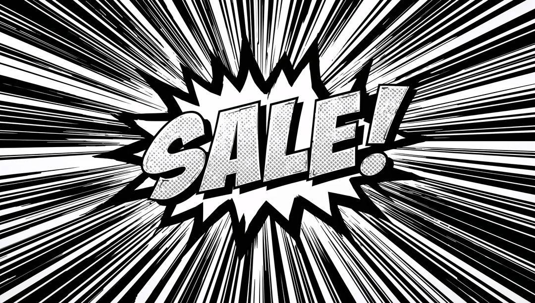 Exploding SALE burst with halftone dots and radial comic lines in black and white