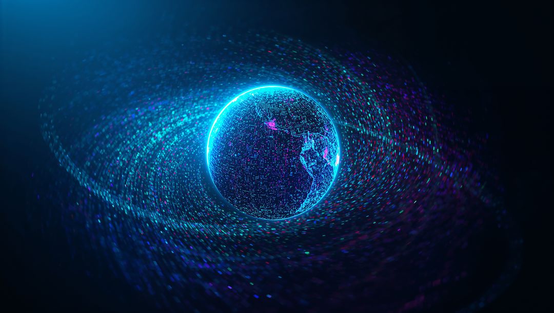 Rotating Neon Data Globe with Particle Vortex for Futuristic Global Network Visuals