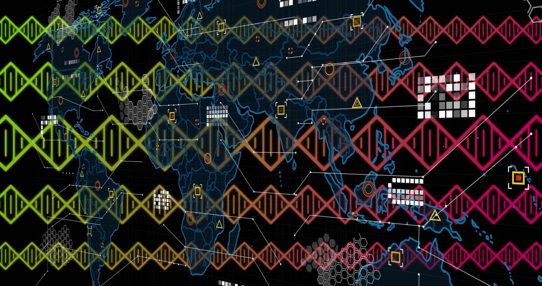 Futuristic Technology Data Visualization with World Map and DNA Helix Icons