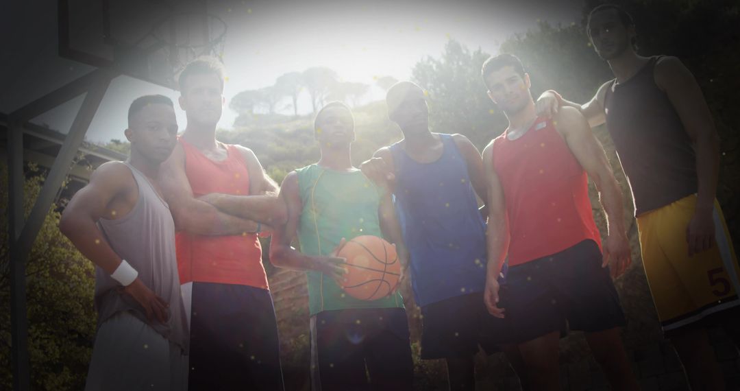 Diverse Basketball Team Unity at Dawn on Outdoor Court