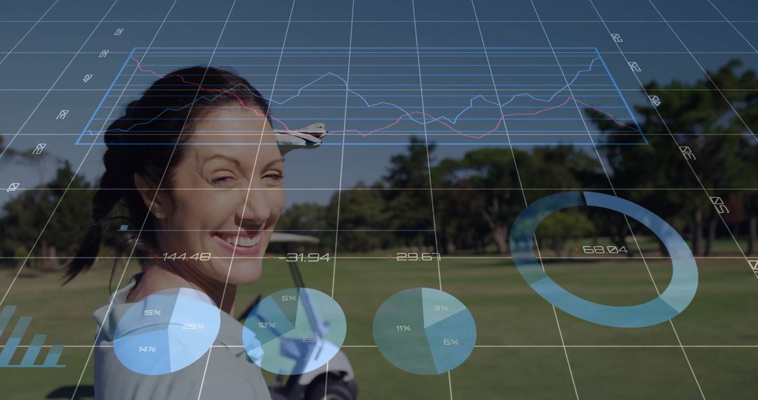 Middle-Aged Woman on Golf Course With Augmented Reality Analytics