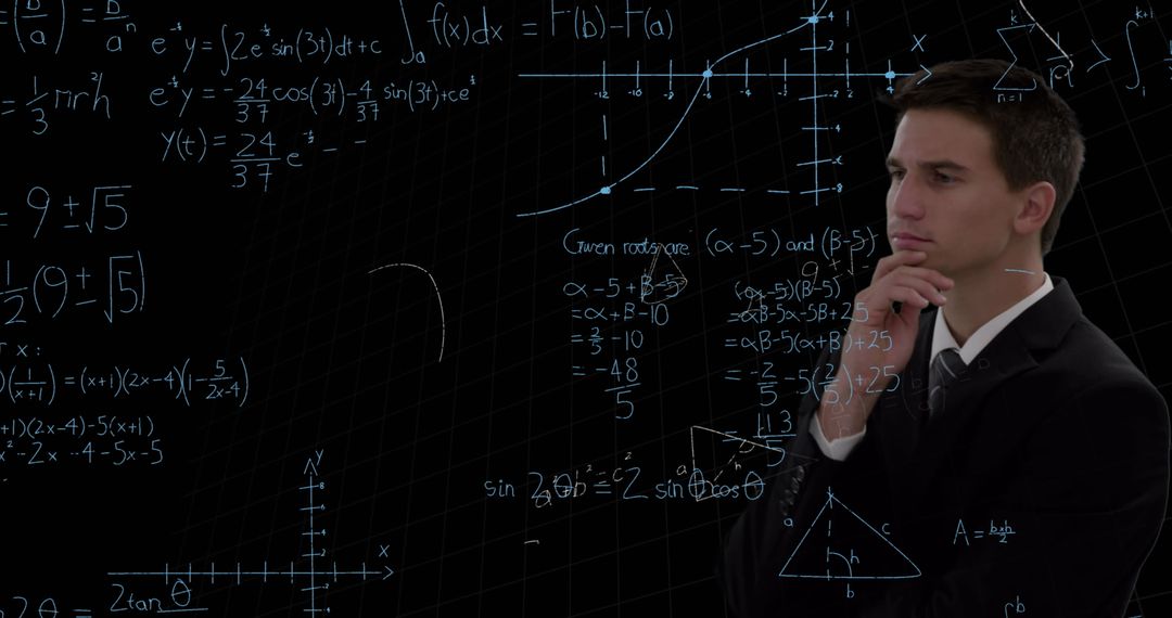 Businessman Analyzing Mathematical Formulas on Blackboard