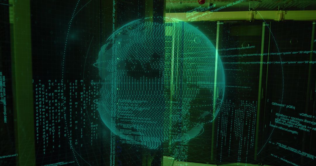 Digital Globe Hologram in a Data Center with Code Overlay