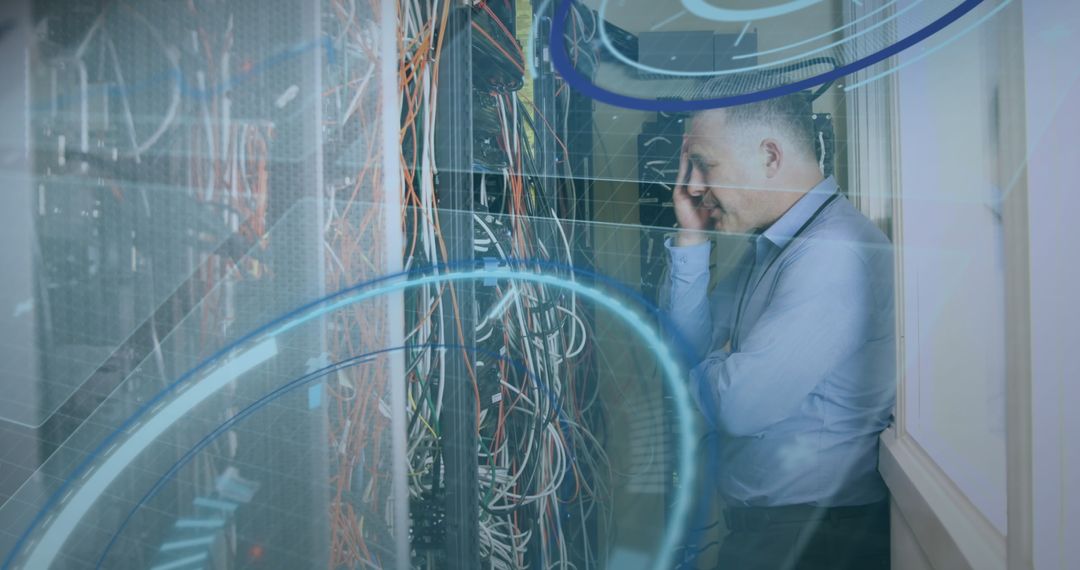 IT Professional Troubleshooting in Server Room with Data Graphics