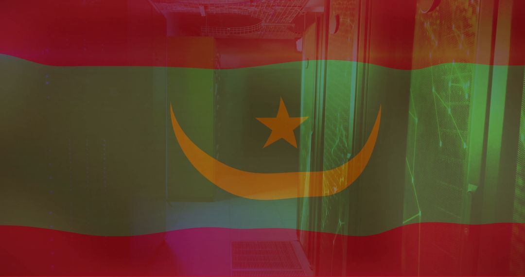 Mauritania Flag Overlay on Futuristic Data Server Room