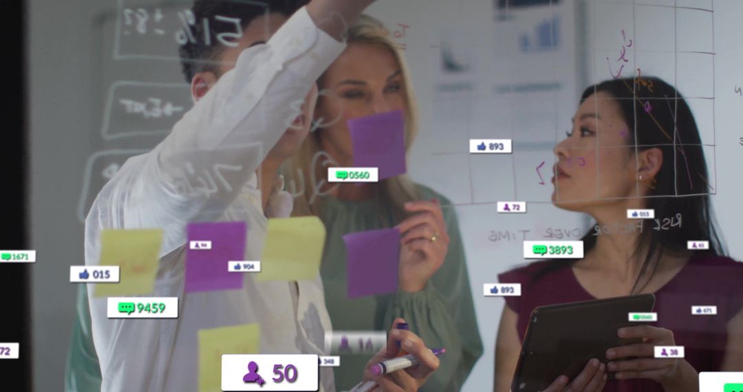Team Collaborating on Glass Board with Digital Metrics Overlays