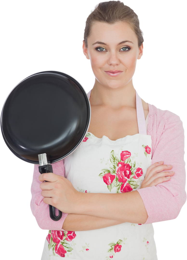 Portrait of Young Woman in Apron Holding Transparent Frying Pan - Download Free Stock Images Pikwizard.com