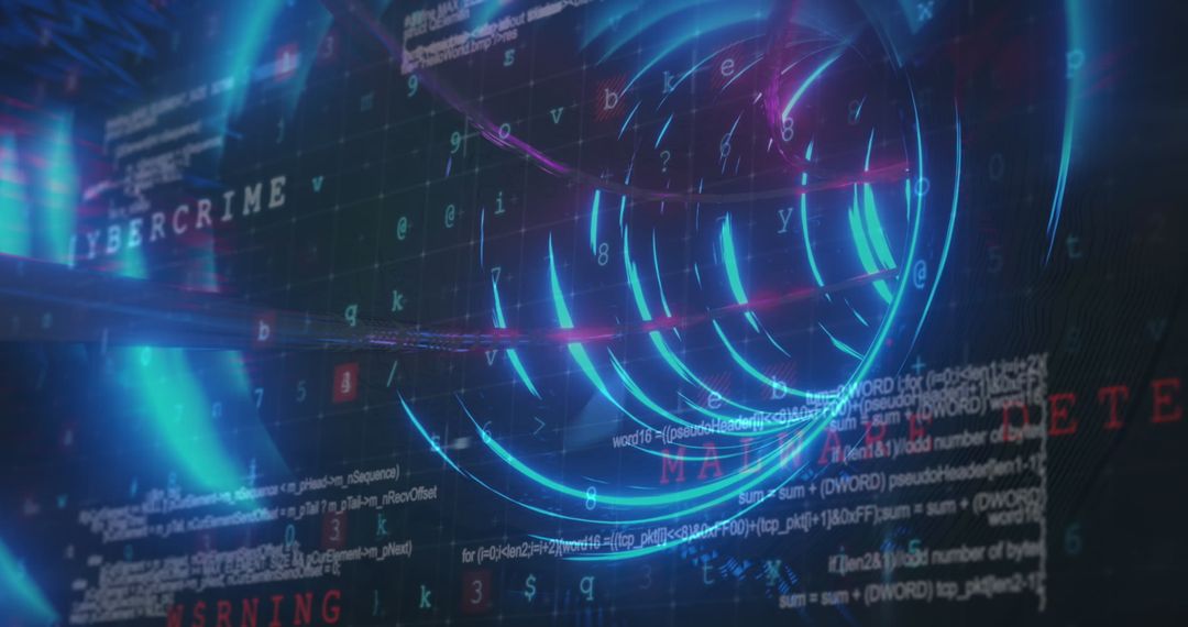 Futuristic Neon Tunnel Overlaying Cybersecurity Codes and Alerts