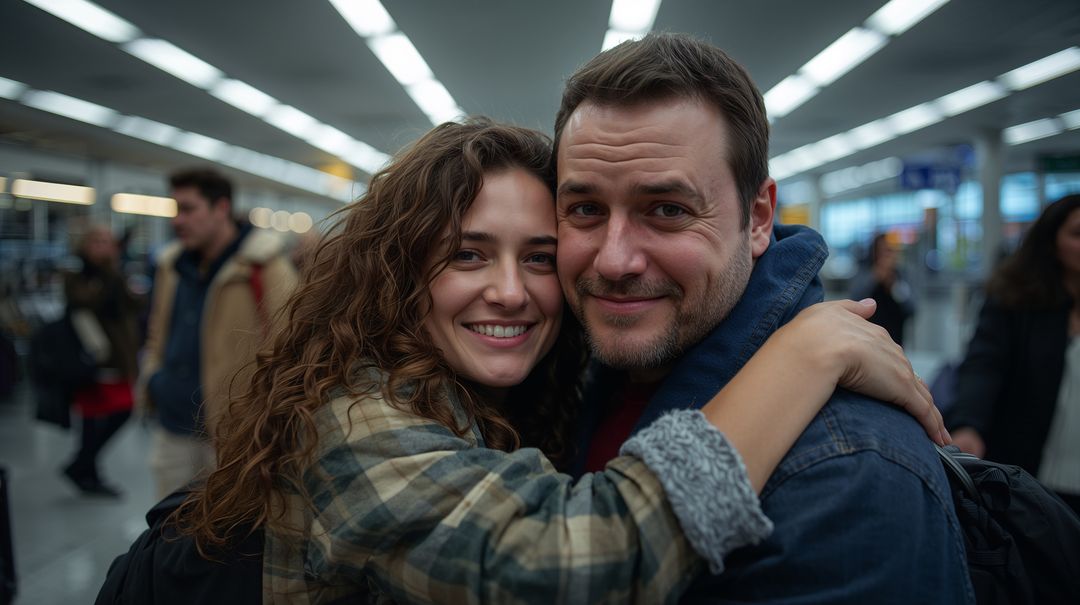 Smiling couple embracing at airport terminal, joyful reunion and travel lifestyle portrait