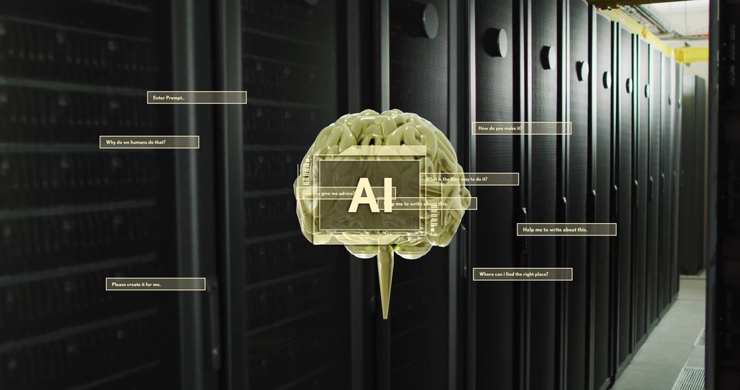 Artificial Intelligence Brain Floating in Data Center