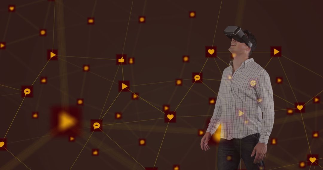 Man Experiencing Virtual Reality with Digital Social Network Icons