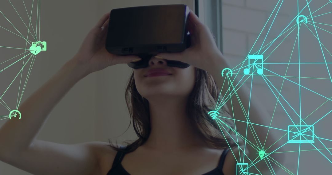 Woman Experiencing Virtual Reality with Digital Network Overlay