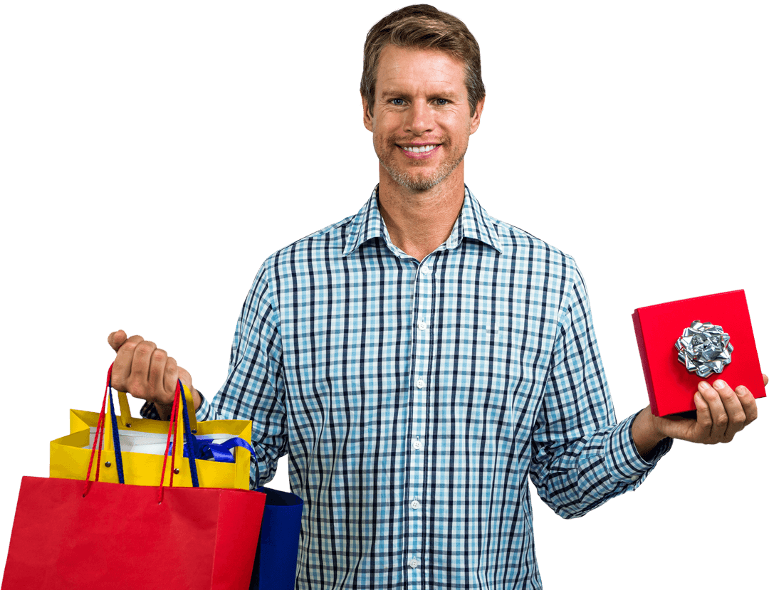 Smiling Man Holding Shopping Bags and Gift Box Transparent Background