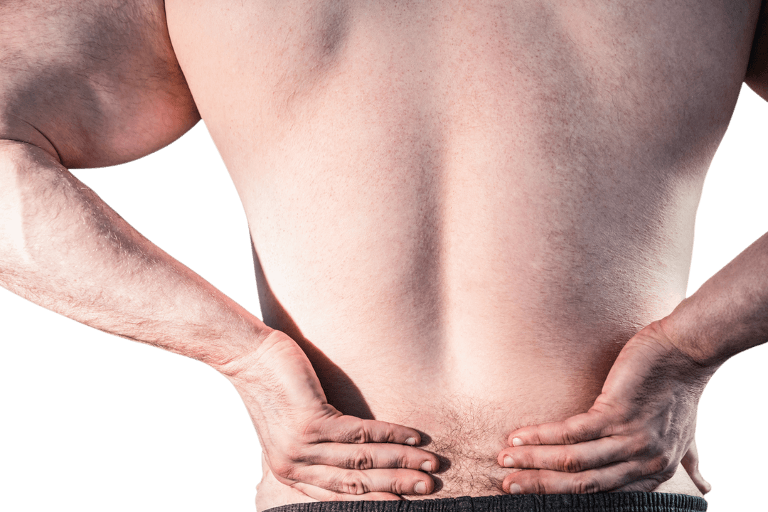 Transparent Backache in Muscular Man Holding Lower Back with Hands